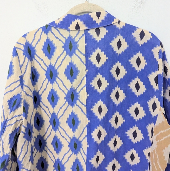 Zara Ikat Print Button Front Shirt Collared Mixed Print Western Blue White XL - Picture 6 of 8